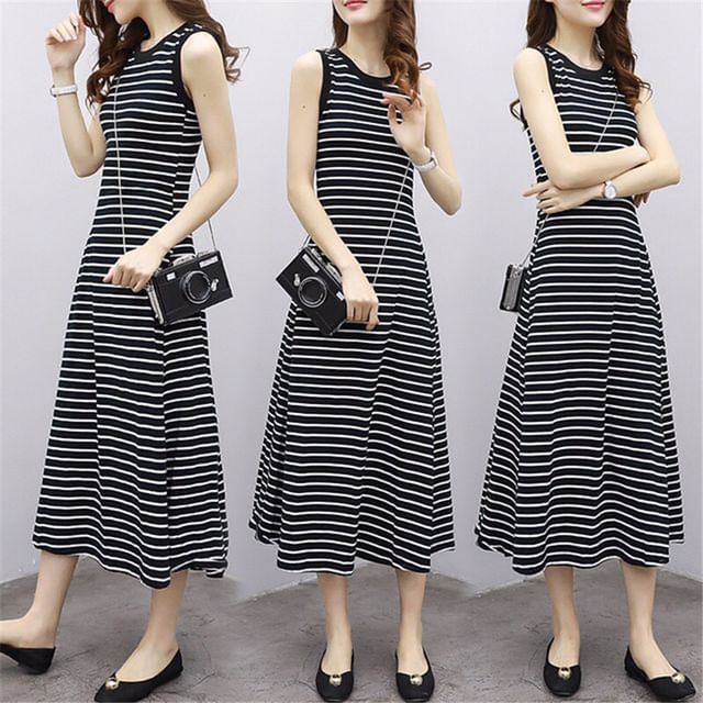 Crew Dress A-Line Striped Neck Midi Tank