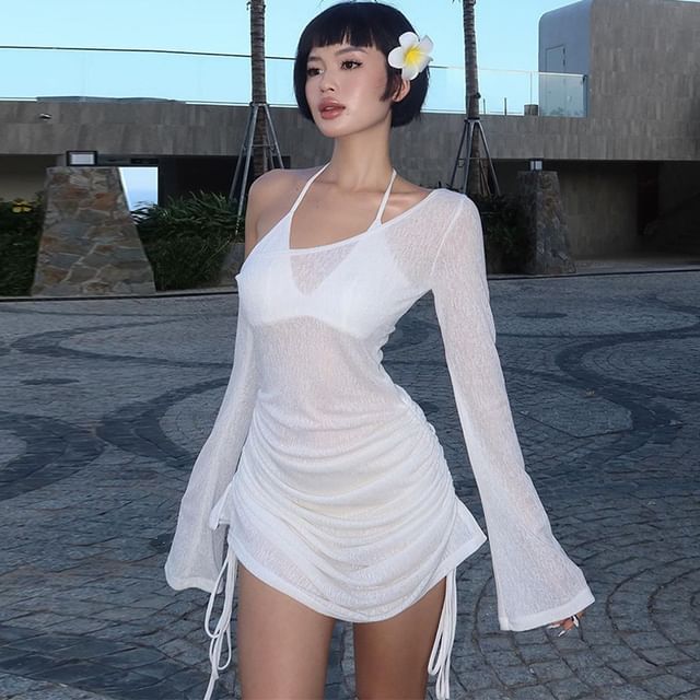 Tee One-Shoulder Long-Sleeve Drawstring Plain Sheer
