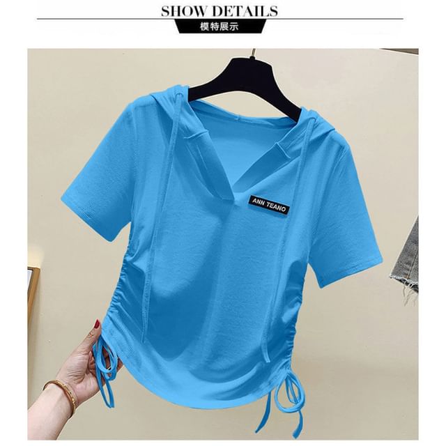 Drawstring Short-Sleeve V-Neck Lettering Tee