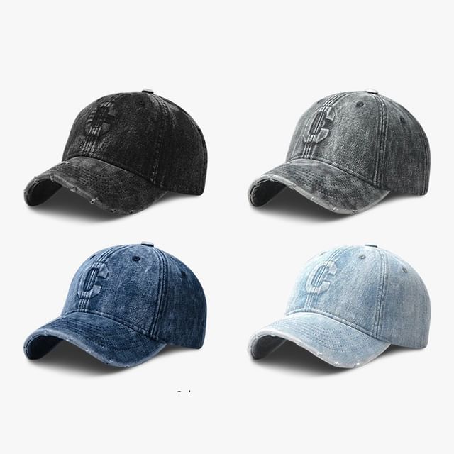 Distressed Embroidered Washed Baseball Lettering Cap Denim