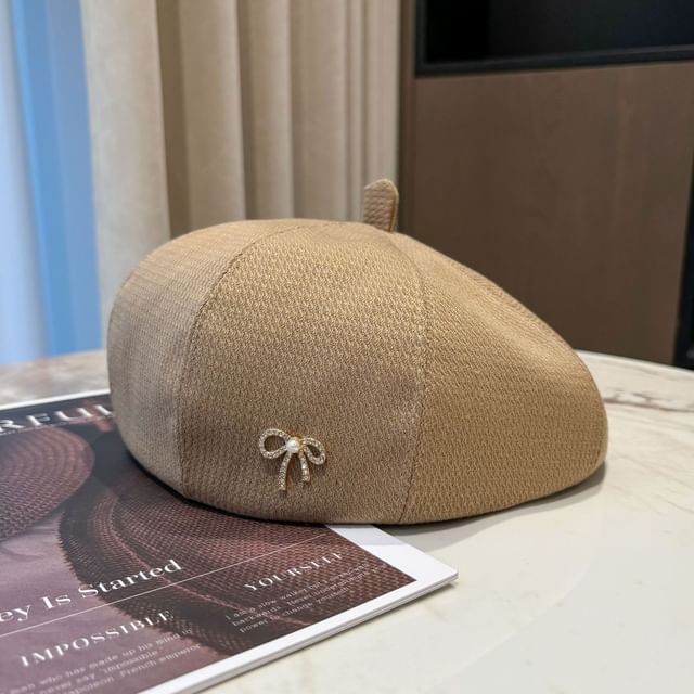 Beret Rhinestone Pearl Bow Faux