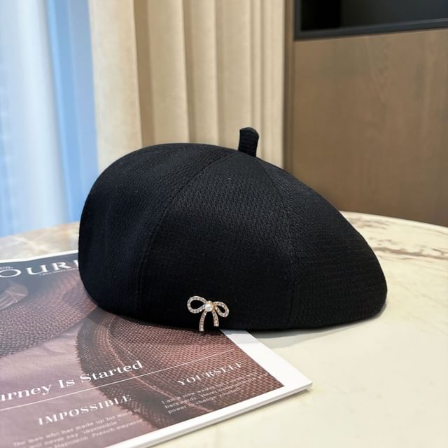 Beret Rhinestone Pearl Bow Faux