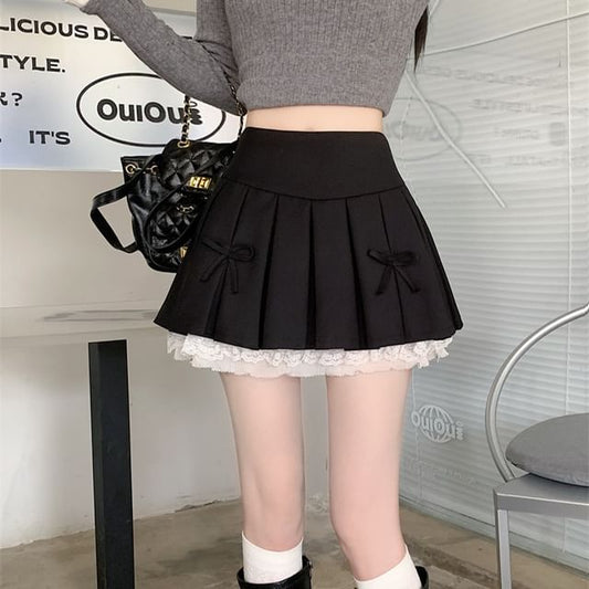 Mini High Skirt Waist Pleated Lace Panel A-Line Bow