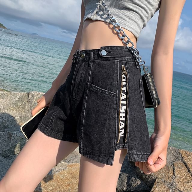 High Waist Washed Zip Denim Print Lettering Slit Shorts