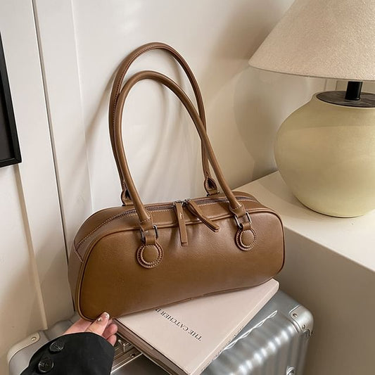 Leather Plain Shoulder Bag Faux