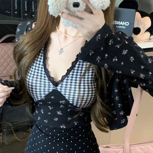 / Panel Mini Dress Plaid Cami Print Cardigan Floral Top Crop