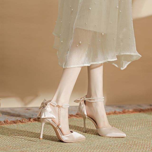 Strap Bow Sandals Stiletto Faux Heel Pearl