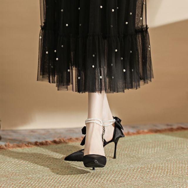 Strap Bow Sandals Stiletto Faux Heel Pearl