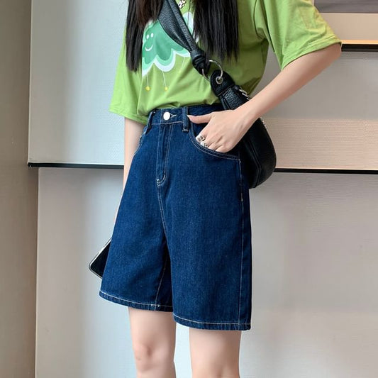 Shorts High Waist Plain Denim