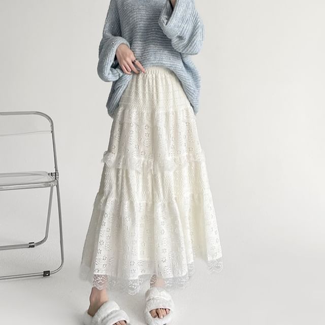 Panel Lace A-Line High Waist Plain Midi Skirt