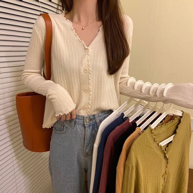 Cardigan Ribbed Knit V-Neck Plain Cropped
