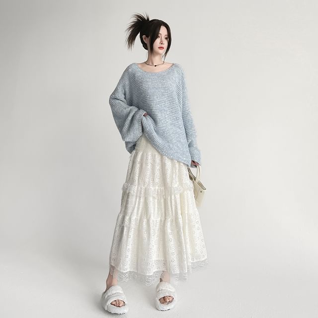 Panel Lace A-Line High Waist Plain Midi Skirt