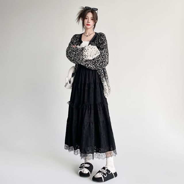 Panel Lace A-Line High Waist Plain Midi Skirt