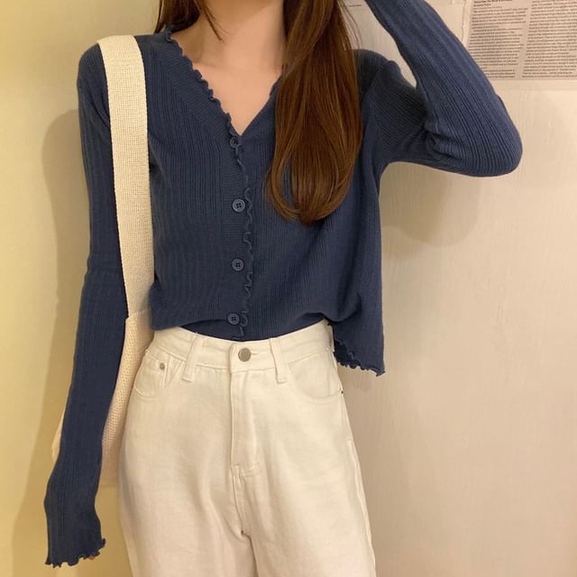 Cardigan Ribbed Knit V-Neck Plain Cropped