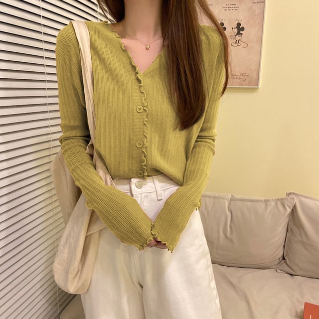 Cardigan Ribbed Knit V-Neck Plain Cropped