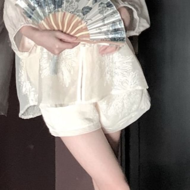 Set High Blouse Skirt Plain Rise Embroidered Top Maxi A-Line Puff-Sleeve Shorts / Flower V-Neck Camisole