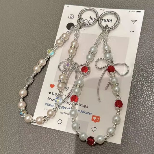 Faux Phone Pearl Strap Bow with Lanyard Pad