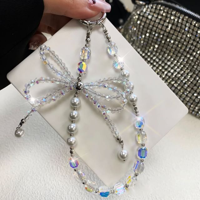 with Strap Crystal Faux Bow Lanyard Pad Pearl Phone