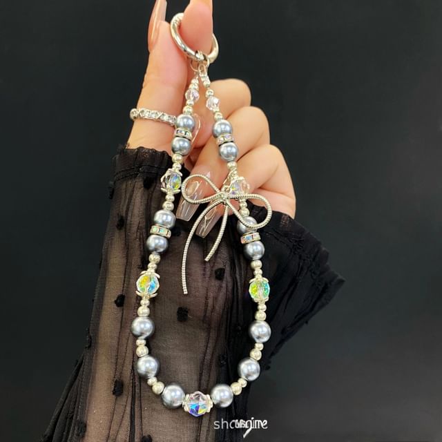 Faux Phone Pearl Strap Bow with Lanyard Pad