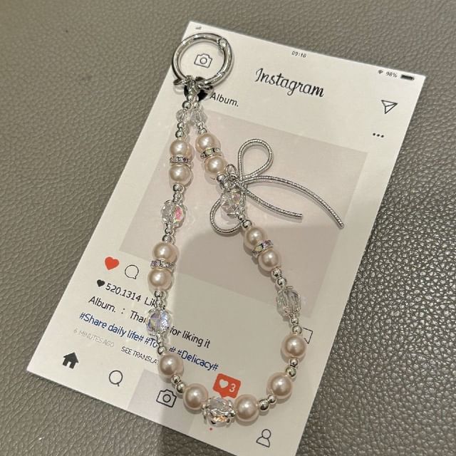 Faux Phone Pearl Strap Bow with Lanyard Pad