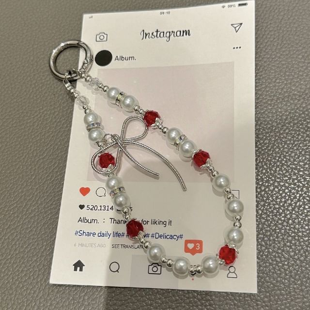 Faux Phone Pearl Strap Bow with Lanyard Pad