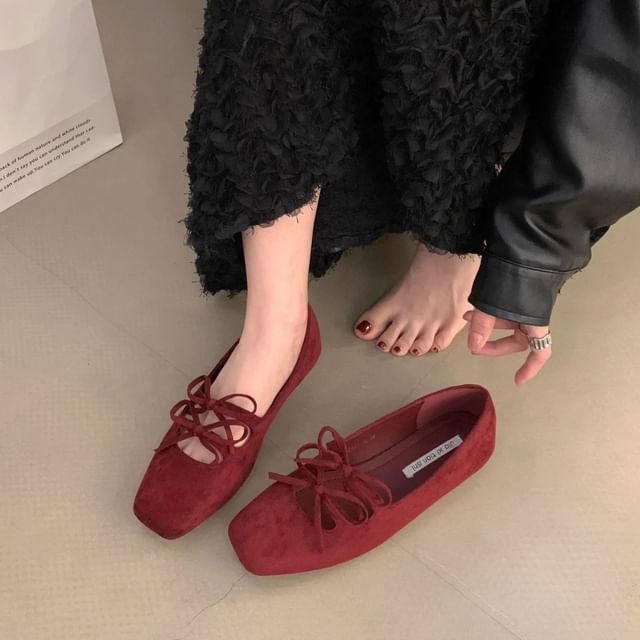 Plain Square Accent Toe Jane Flats Bow Mary