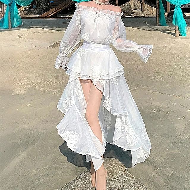 A-Line Plain Low High Dress Off-The-Shoulder Long-Sleeve Maxi Ruffle