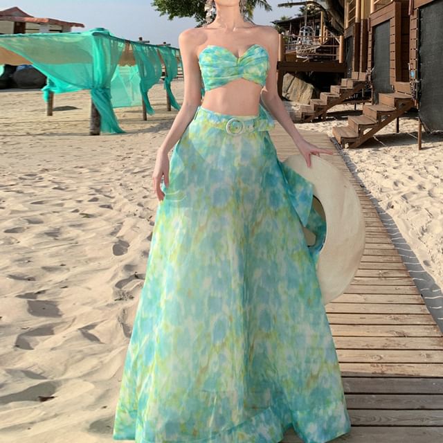 Rise + Floral A-Line Skirt Top Crop High Sleeveless Maxi Set: