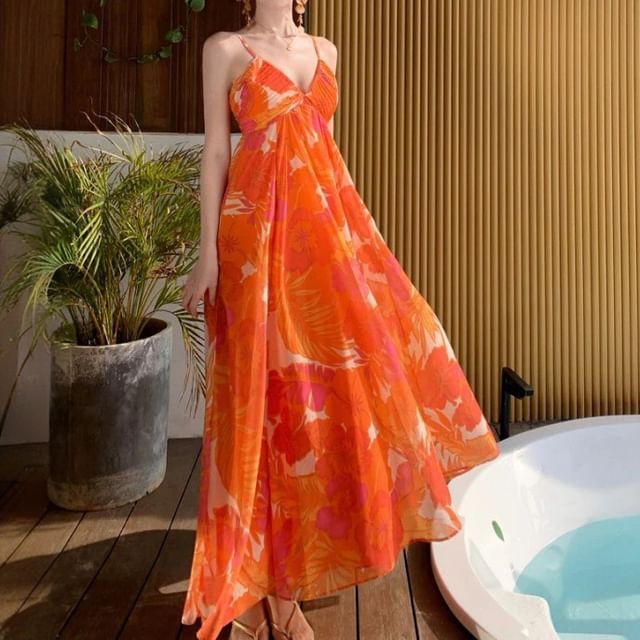 Strap V-Neck A-Line Floral Maxi Print Dress Spaghetti