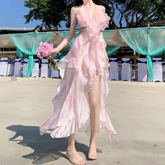 Crop V-Neck A-Line Waist Midi Floral Set: High Skirt Halter Top +