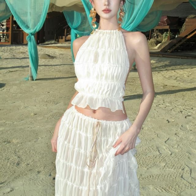 Top Maxi Rise + Halter Plain High Crop Neck Skirt Cami A-Line Set: