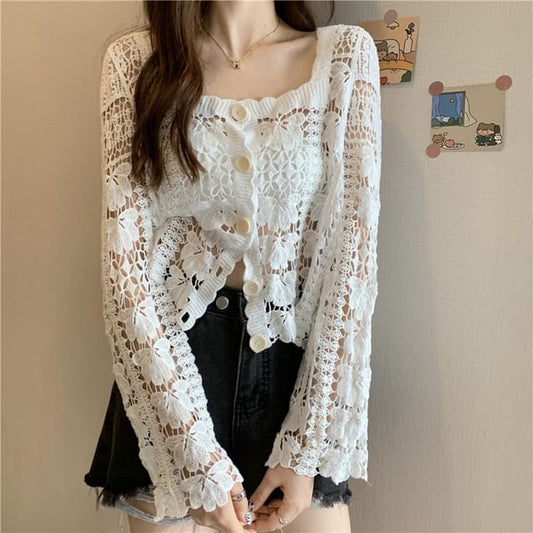 Square Crochet Neck Floral Cardigan Cropped