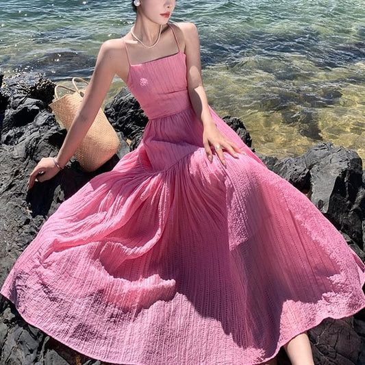 A-Line Textured Plain Dress Spaghetti Strap Maxi