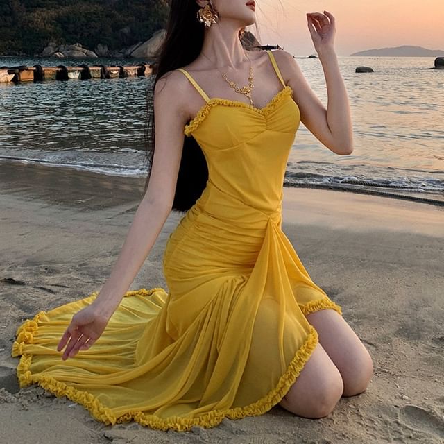 Strap Hem Maxi Dress Spaghetti Plain Bodycon V-Neck Ruffle