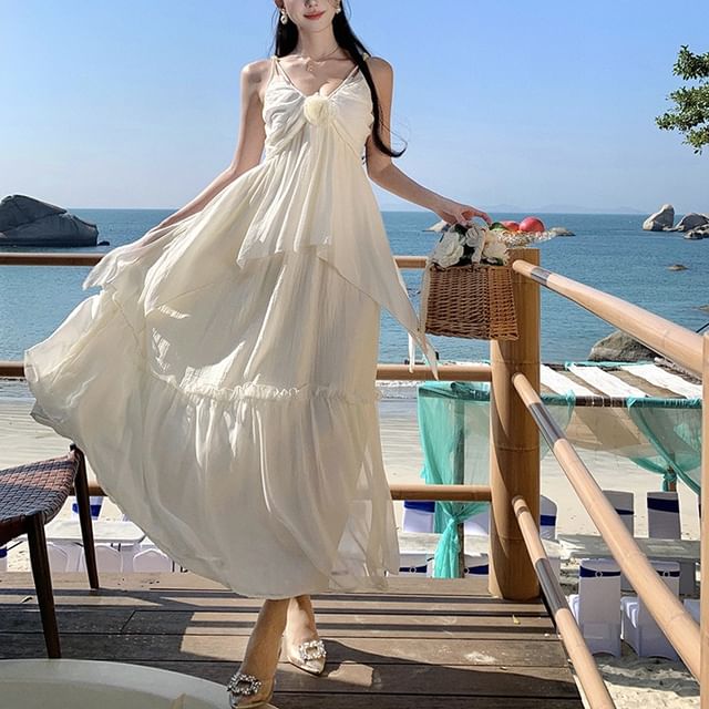 Plain A-Line Maxi Ruffle Strap Trim V-Neck Spaghetti Dress