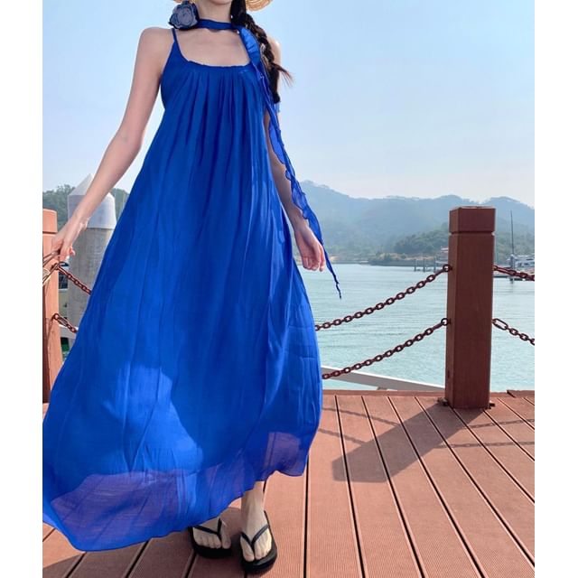 Scoop Spaghetti Plain Neck Strap Trim Dress Maxi Ruffle A-Line