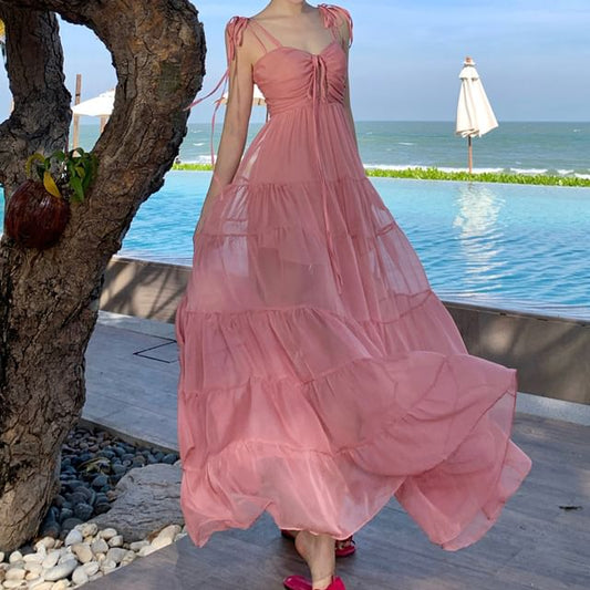 Maxi V-Neck Trim A-Line Ruffle Dress Strap Spaghetti Plain