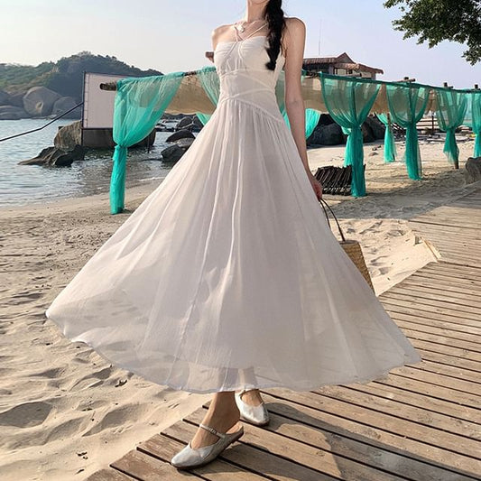 Ruched Maxi Spaghetti Plain Dress Strap A-Line