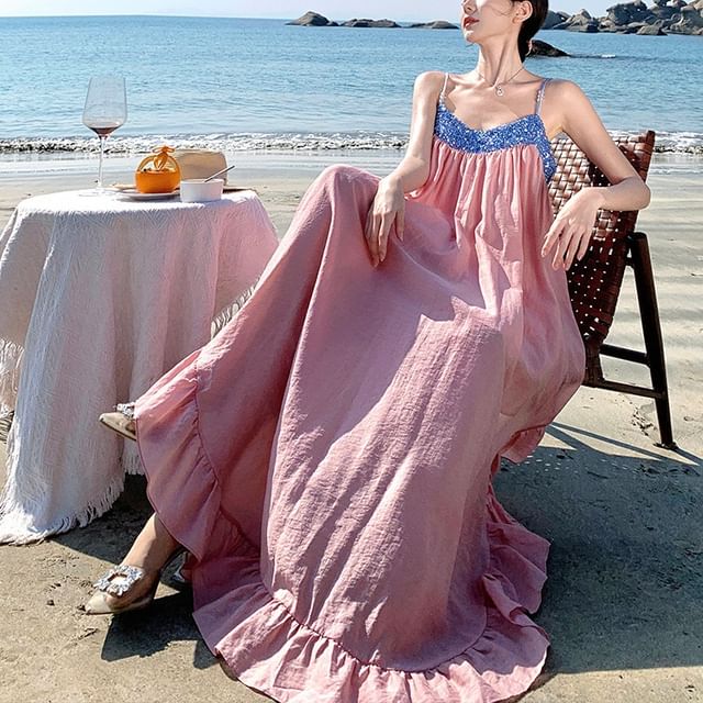 Sequined A-Line Ruffle Maxi Dress Strap Spaghetti Panel Hem