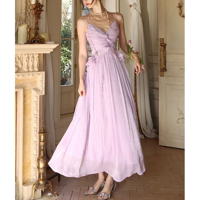 A-Line Ruffle Trim Dress V-Neck Plain Maxi Spaghetti Strap