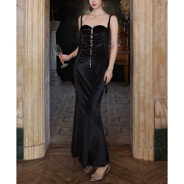 Sweetheart Maxi Ruched Strap Neck Dress Plain Spaghetti Sheath