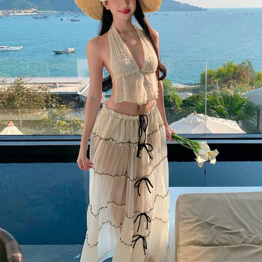 Rise Sleeveless Set: Maxi Top Crop Detail Skirt Bow Mid + V-Neck Plain A-Line