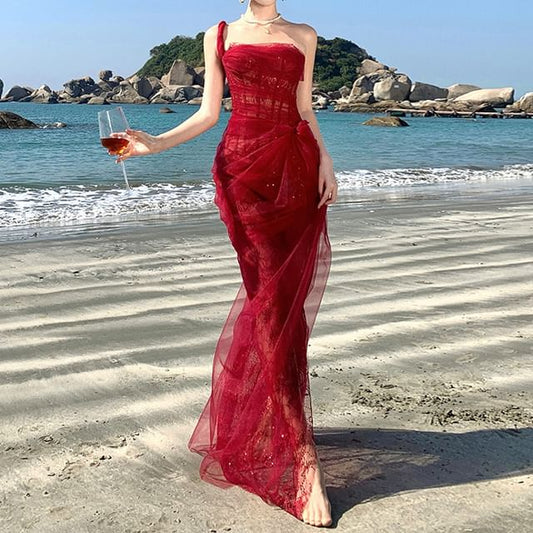 Sheer Sleeveless Ruffle Maxi Gown Shoulder One Sequin Evening