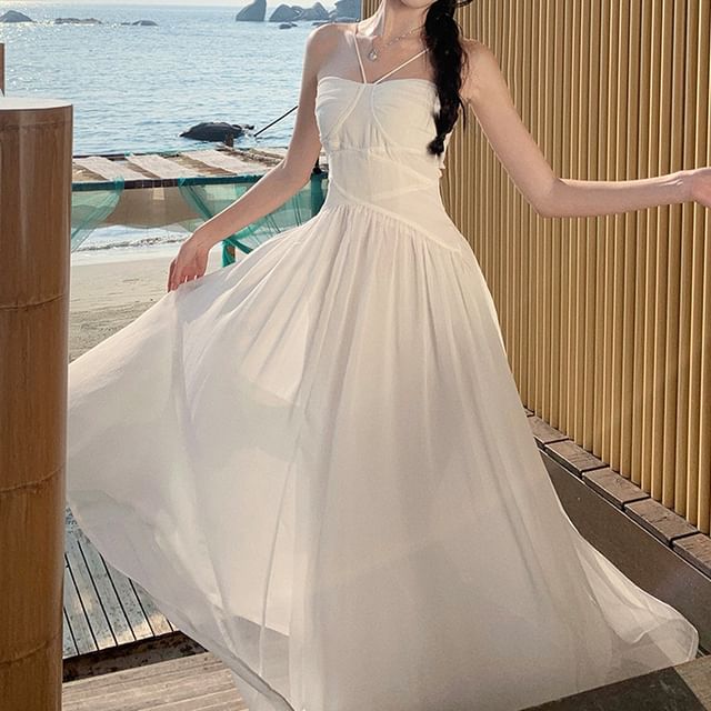 Ruched Maxi Spaghetti Plain Dress Strap A-Line