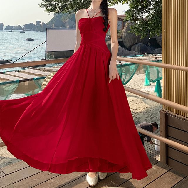 Ruched Maxi Spaghetti Plain Dress Strap A-Line