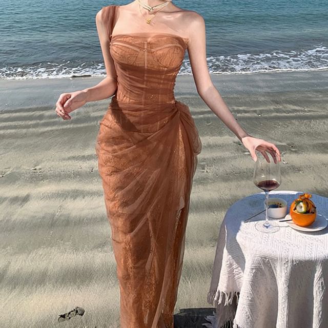 Sheer Sleeveless Ruffle Maxi Gown Shoulder One Sequin Evening