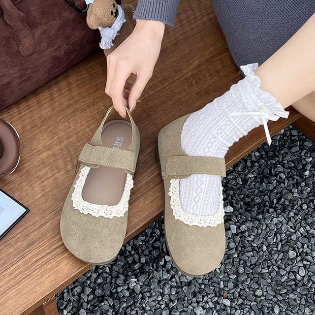 Suede Faux Trim Mary Jane Lace Flats