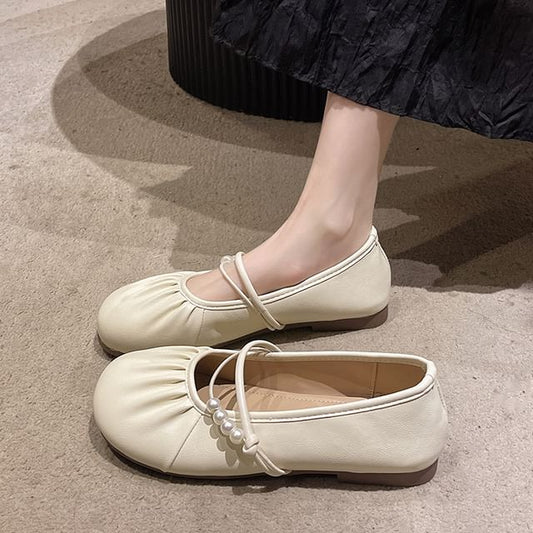 Mary Faux Pearl Jane Ruched Beaded Flats