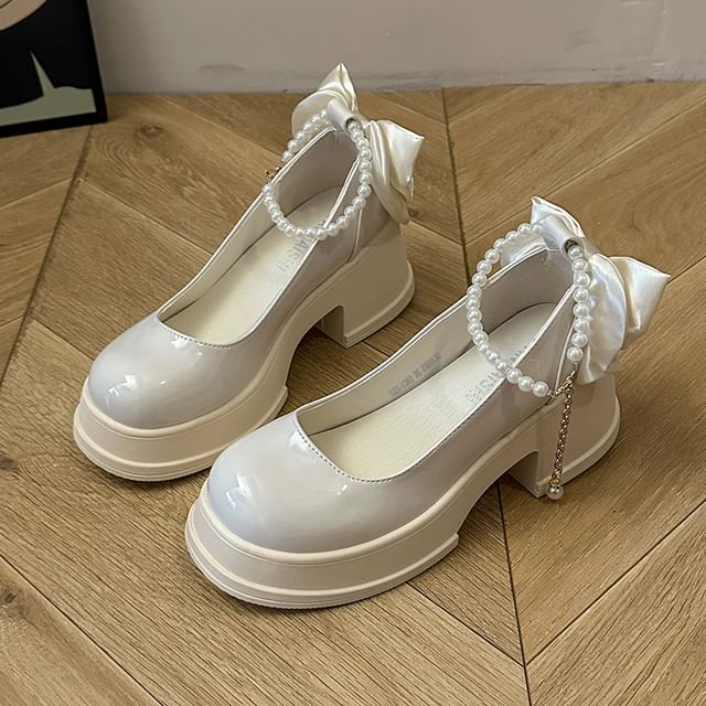 Platform Strap Ankle Patent Bow Leather Pumps