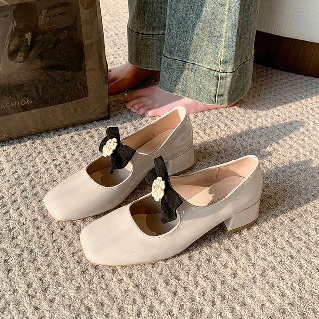Bow Jane Toe Square Flower Pumps Mary Heel Block